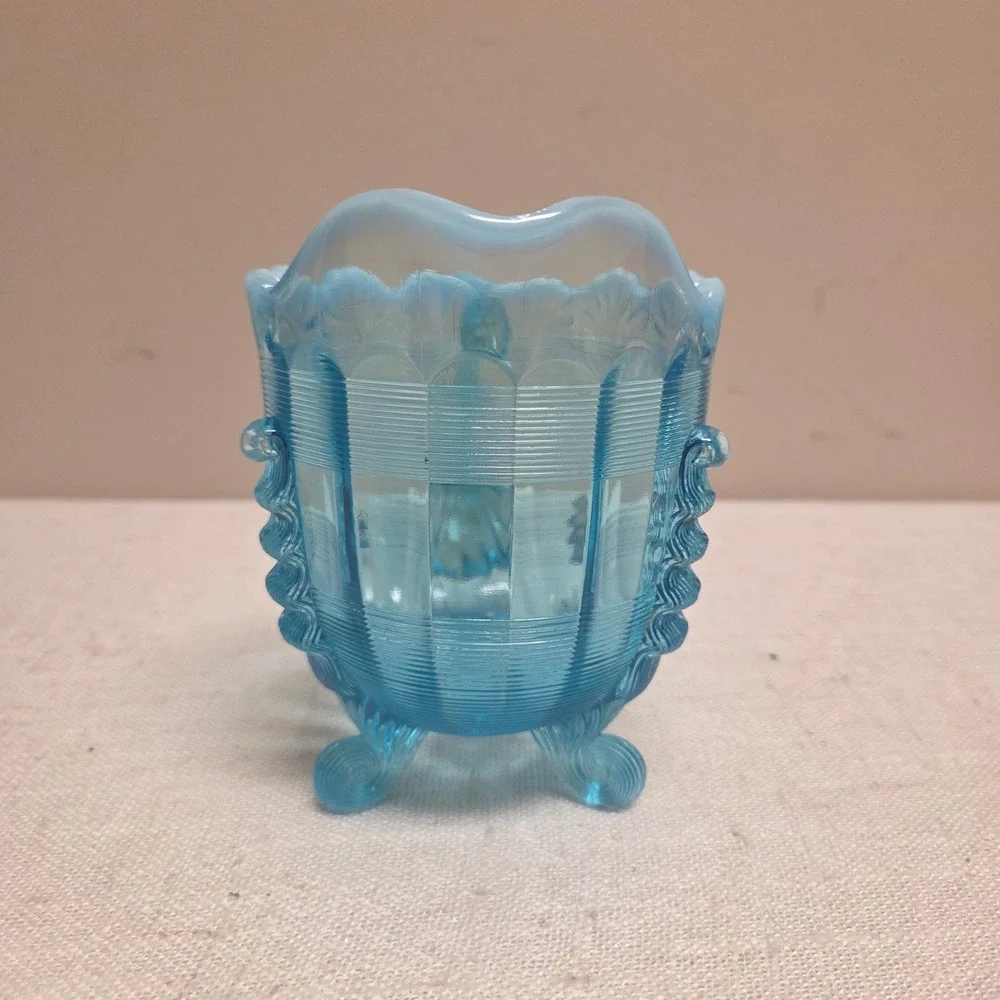 Northwood Blue Opalescent Chrysanthemum Base Swirl Glass Footed Creamer Pitcher